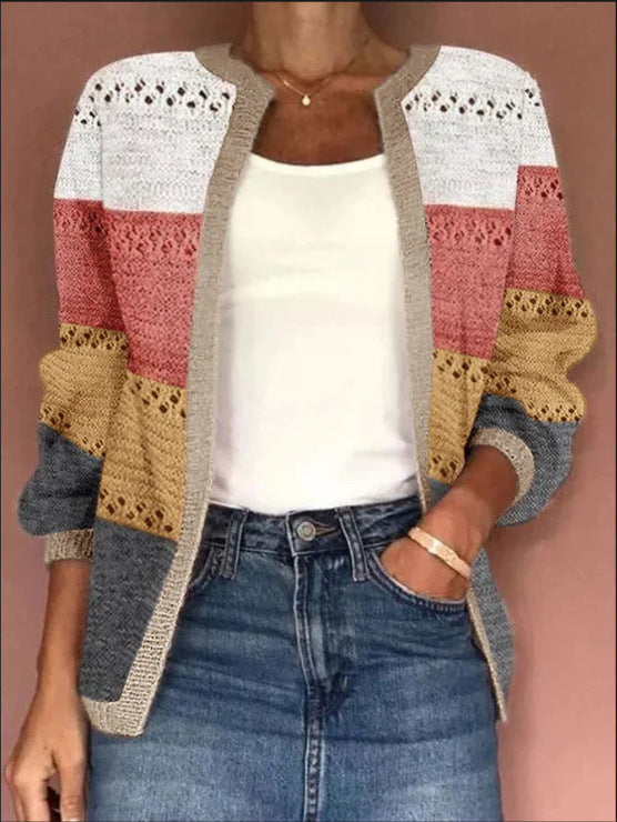 Women's Color Matching Hollow Out Cardigan