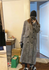 Wool Herringbone Double-breasted Back Slit Thick Woolen Coat Jacket