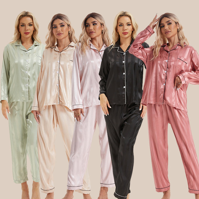 Artificial Silk Bold Stripes Long-sleeved Home Wear European And American Style Pajamas Plus Size