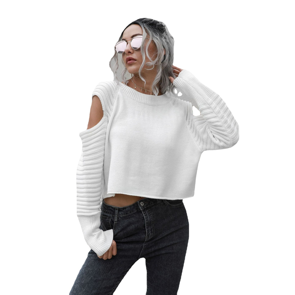 Women's Loose Long Sleeve Design Off Shoulder Short Sweater