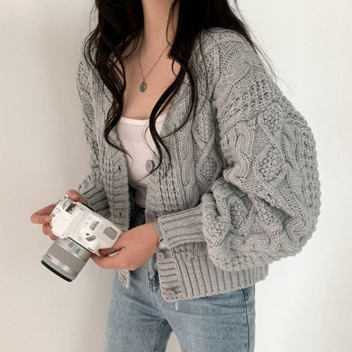 Women's Loose All-match V-neck Lantern Sleeve Short Sweater