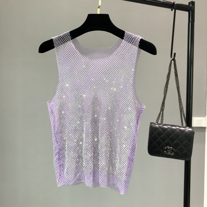 Rhinestone Mesh Waistcoat Women's Light Diamond Hollow Sleeveless Top