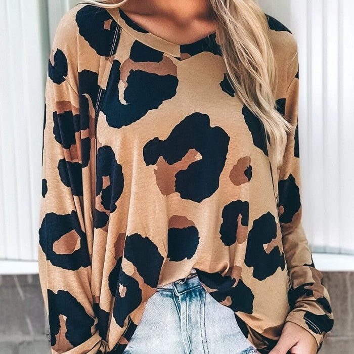 European And American Leopard Print V-neck Ruffled Cuff Loose Top