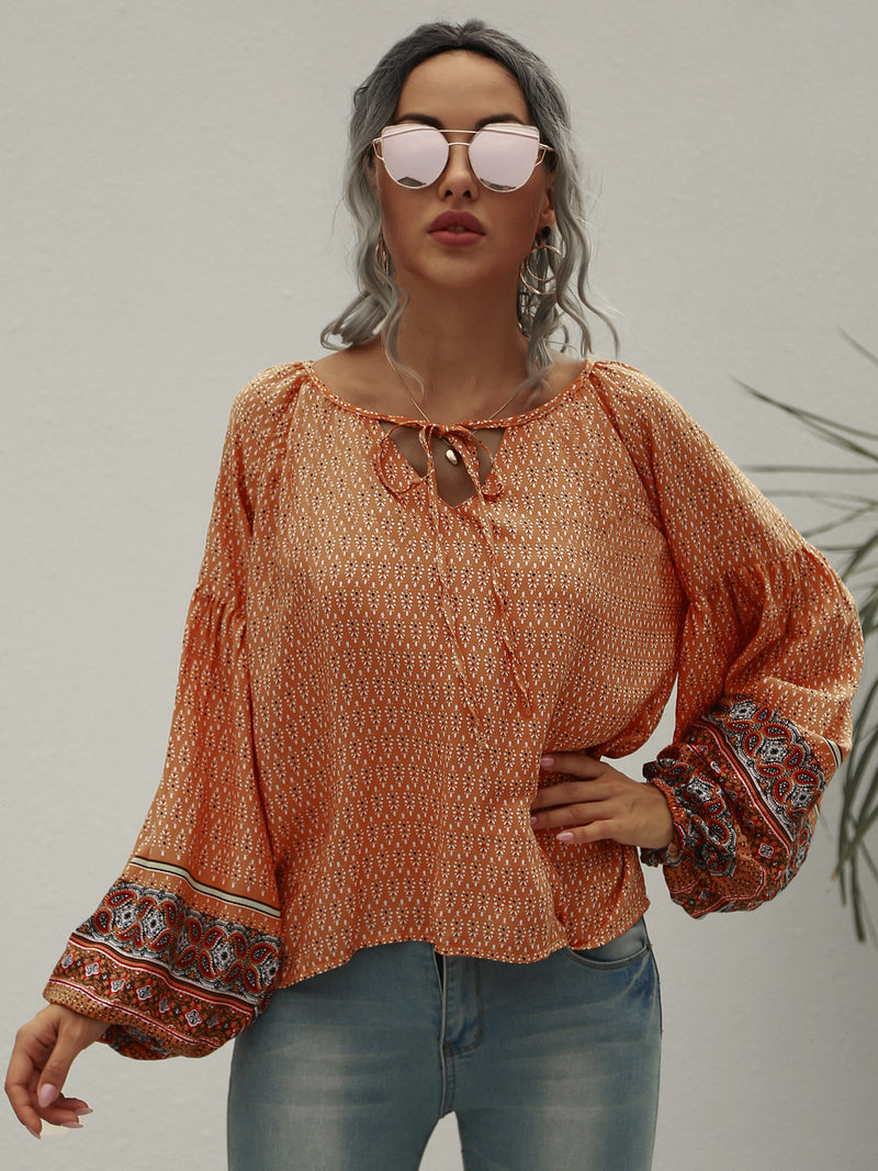 Vintage Ethnic Boho Print Tie Shirt