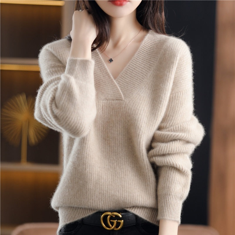 Women's New V Neck Loose Knitted Sweater