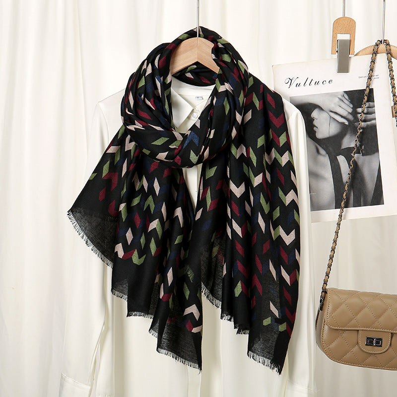 Diamond Patterns Printed Cotton And Linen Scarf Color Matching Scarf