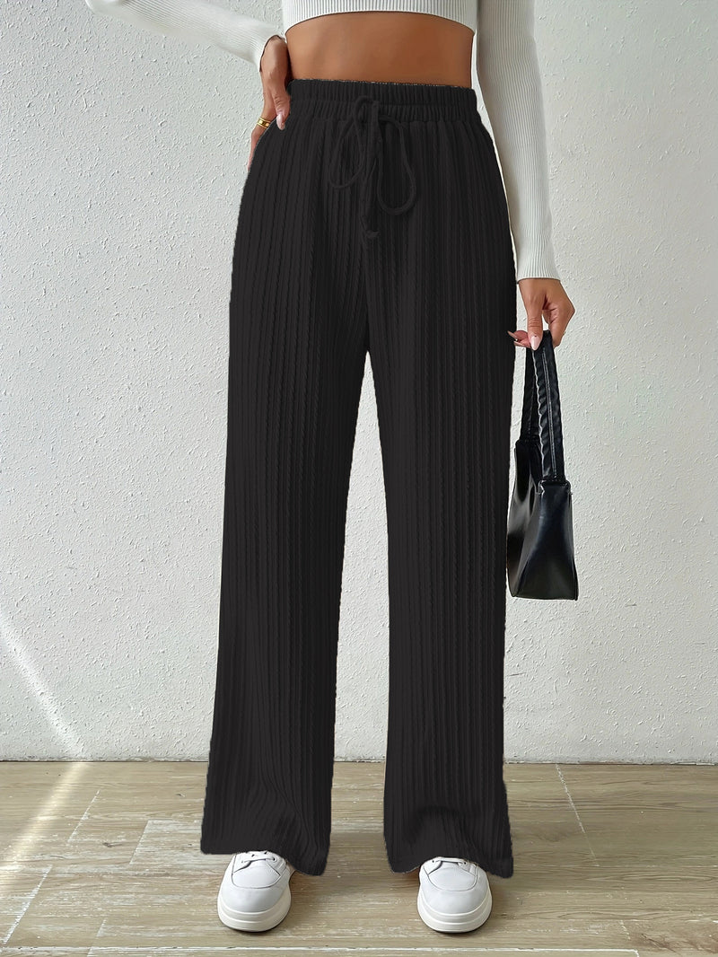 Knot Waist Texture Knitted Wide Leg Trousers Women's Clothing