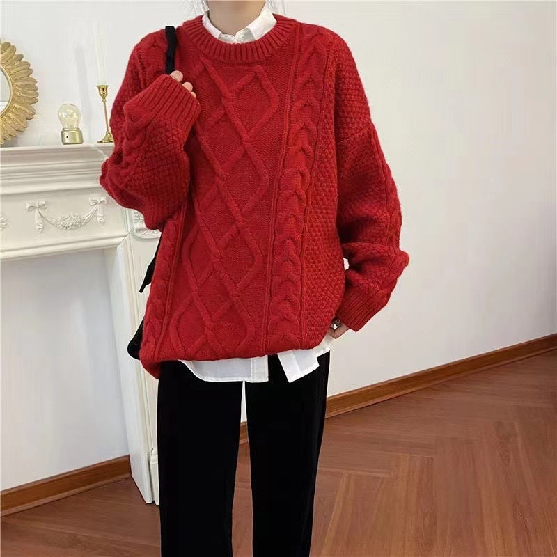 Wind Pullover Loose Round Neck Thick Hemp Flowers Knitted Outerwear Thickened Red Christmas Sweater For Women