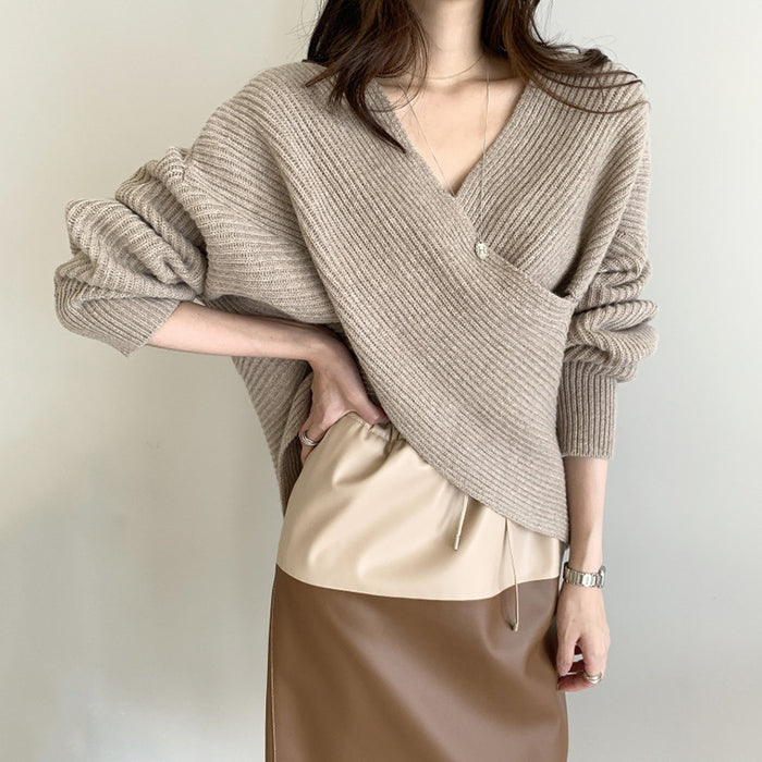 Women's Autumn Minority Simple Cross V-neck Loose Sweater