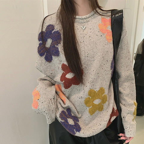 Pullove Round Neck Flower Mid-length Loose Sweater