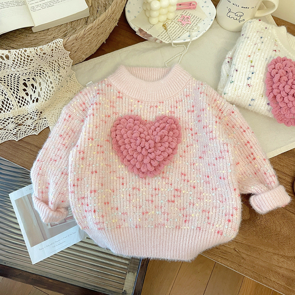 Three-dimensional Furry Heart-shaped Colorful Knitted Pullover Thick Sweater