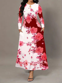 Round Neck Long Sleeve Printed Pocket Waist-controlled Large Hem Dress