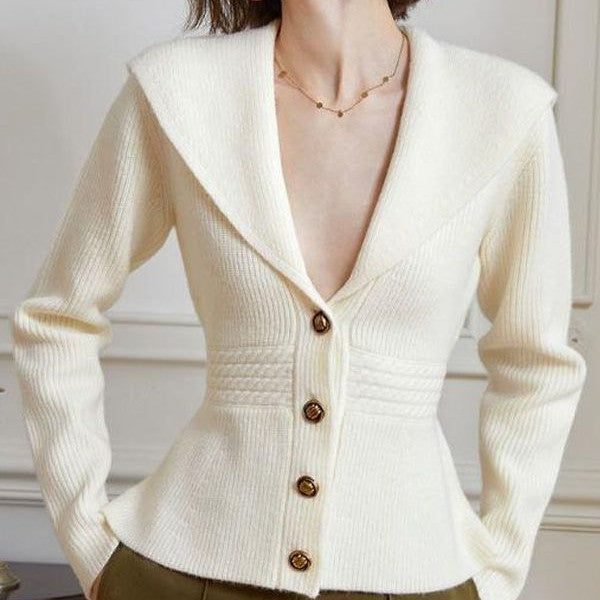 French Style Large Lapel Nipped Waist Knit Sweater Women's Coat