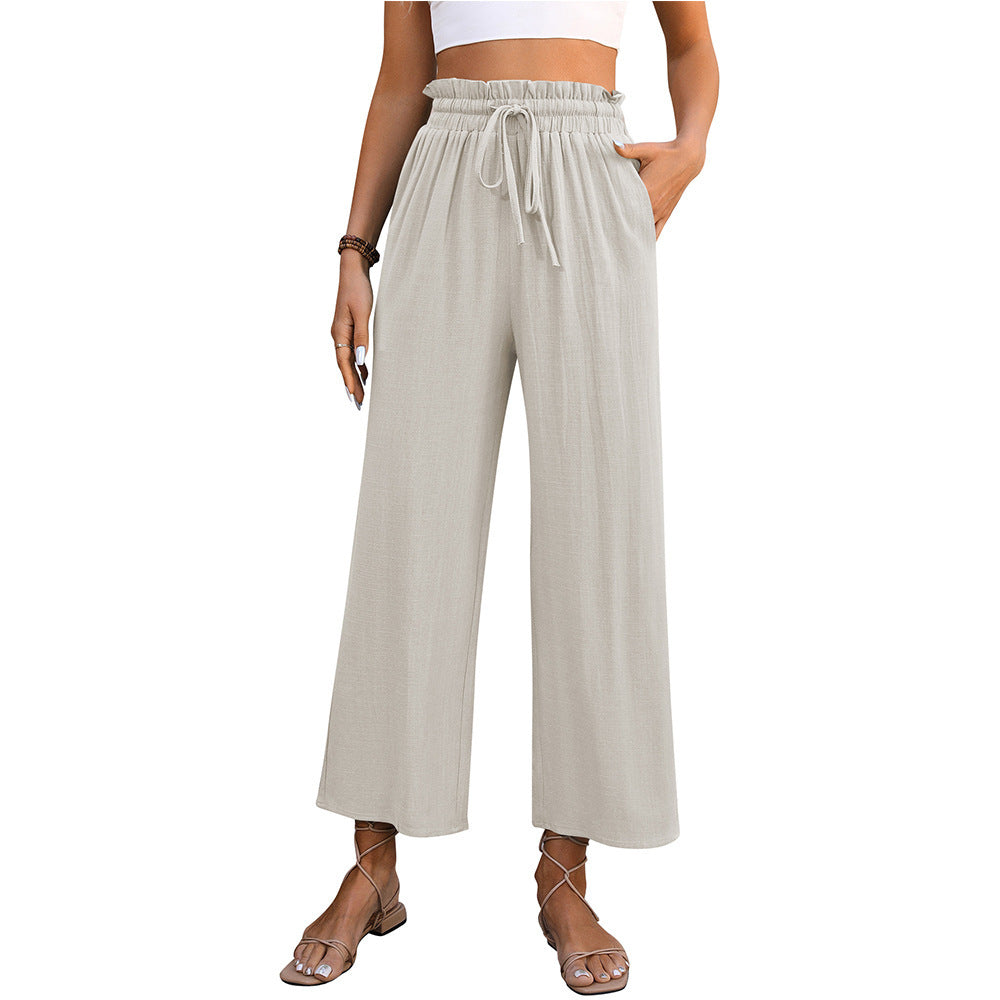 Drawstring High Waist Straight Pants Summer Casual Solid Color Loose Wide Leg Trousers For Womens Clothing