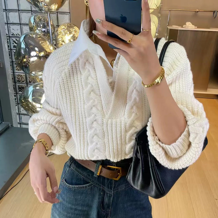 False Two-piece Patchwork Shirt Sweater Women