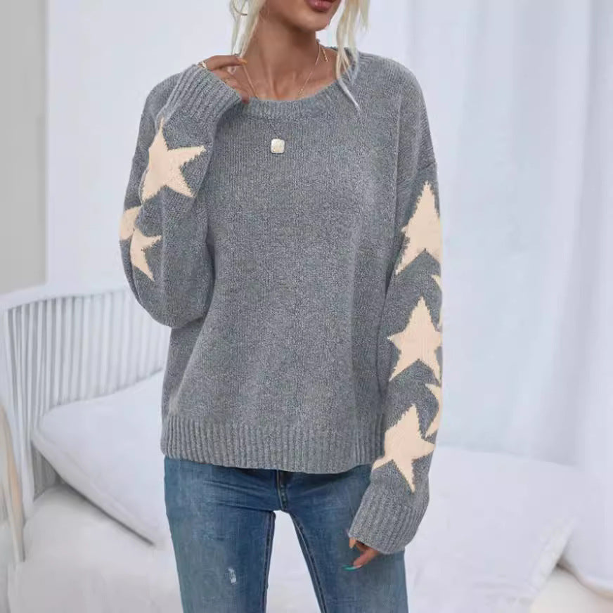 Women's Knitted Sweater Fashion Solid Color Five-pointed Star Jacquard Crew Neck Pullover Sweater