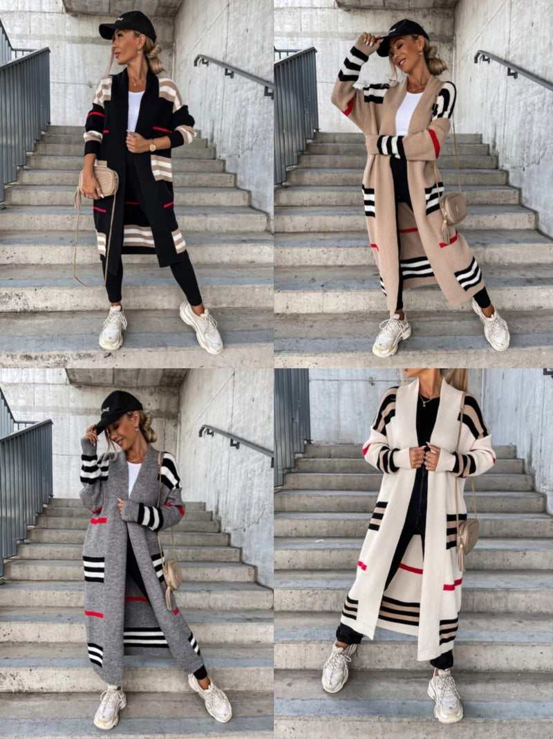 Women's Long Cardigan Striped European And American Style Women Knitted Sweater