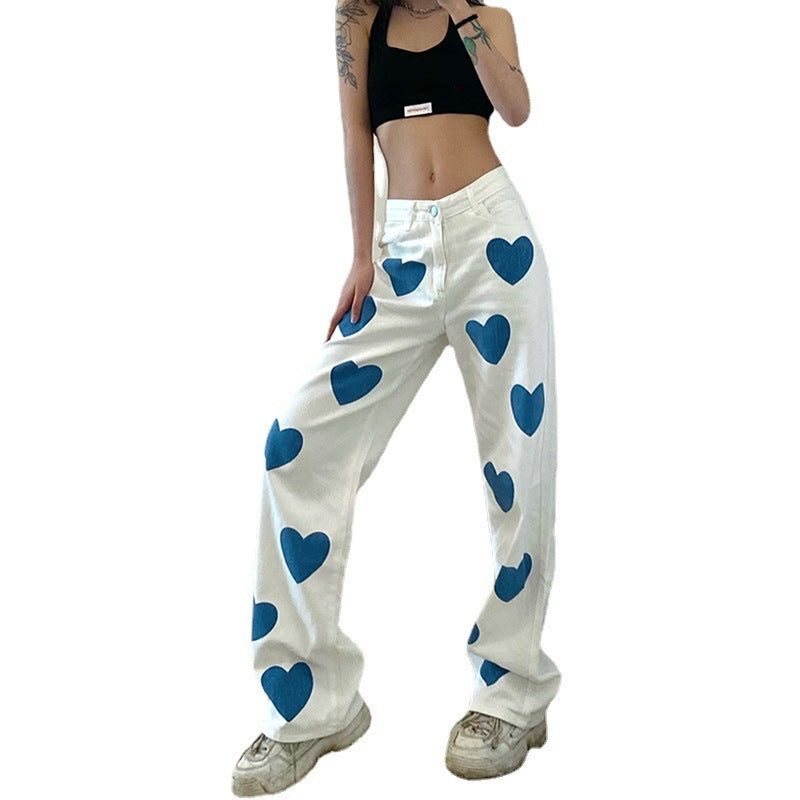 Women's Heart Print Contrast High Waist Denim Straight Pants