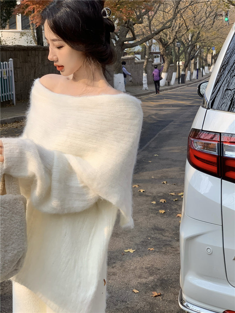 Sloping Shoulder Temperament Autumn Soft Waxy Knitted Sweater