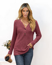 Solid Color And V-neck Long Sleeve T-shirt