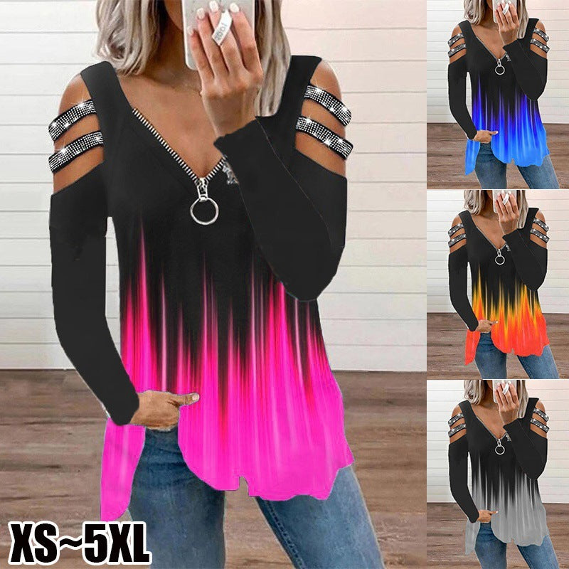 Hot Drilling Printed V-neck Women's Long-sleeved T-shirt