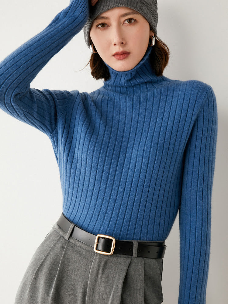 Ladies Solid Color Pit Strip Long Sleeve Wool Knit Sweater