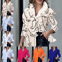 Women's Abstract Printing Puff Sleeve Ruffled Collar Shirt