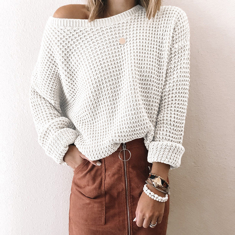 Solid Color Loose Diagonal Neck Long Sleeve Knit Top