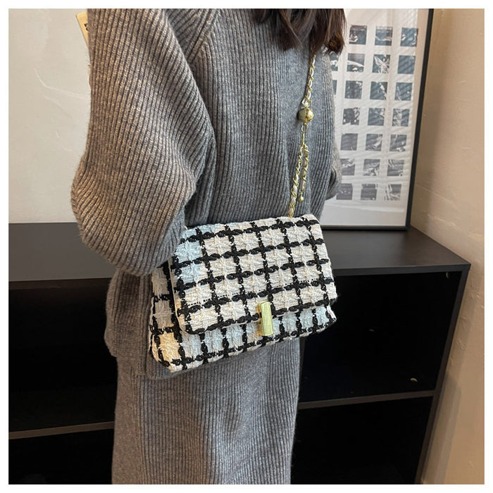 Versatile Cross-body Checked Chain Shoulder Bag