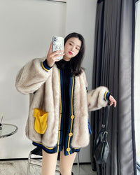 Single Breasted Fur Patchwork Wool Coat