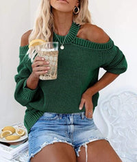 Off-Shoulder Solid Color Loose Knit Sweater