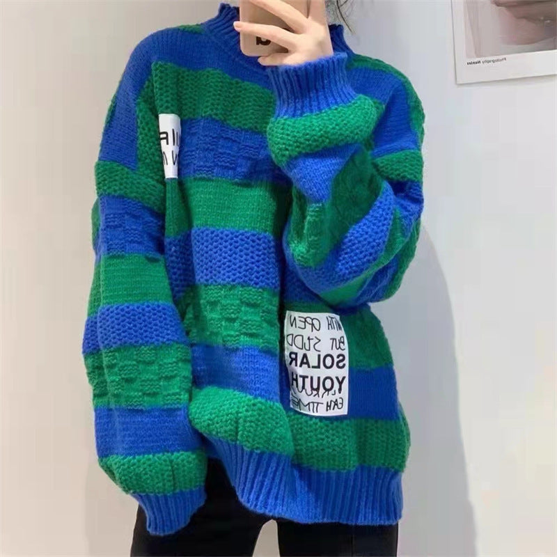 Striped Thick Wool Retro Knitted Sweater Women