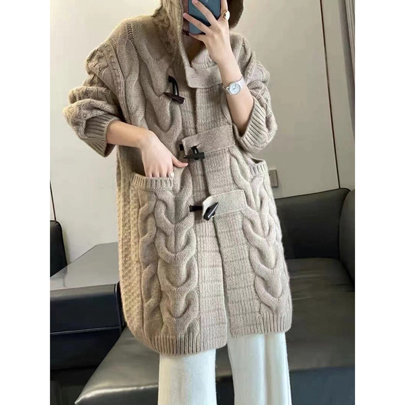 Twisted Hooded Jacket Horn Button Loose Casual