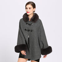 European and American autumn and winter new style rex rabbit fur collar double leather buckle knitted cardigan cloak shawl woolen coat women