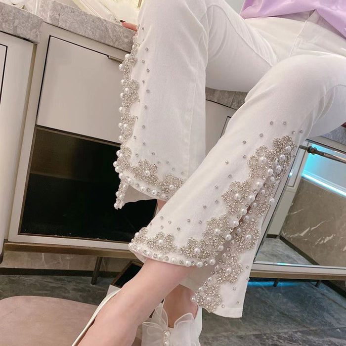 Heavy Industry Diamond-studded Bead Slit Micro-flared Pants
