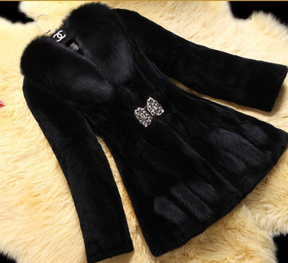 New Rex Rabbit Fleece Haining Fur Coat Mid-length Lady Fox Fur Collar Slim Fit