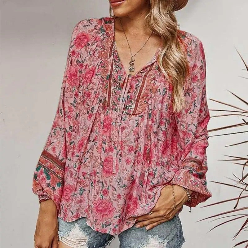 Women's V-neck Printed Casual Loose Thin Women's T-shirt