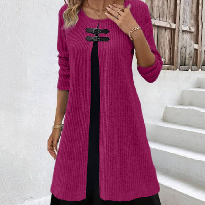 Contrast Color False Two-piece Suit Button Slim Fit Dress Sweater