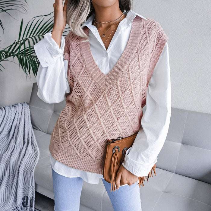 European And American V-neck Diamond Check Hollow Casual Knitted Jumper Vest