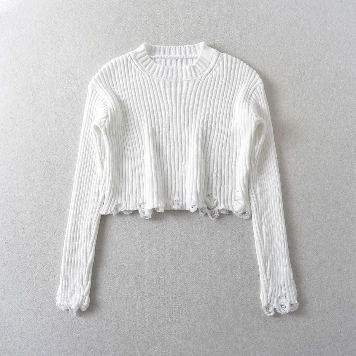 Frayed Round Neck Pullover High Waist Short Thickened Sweater