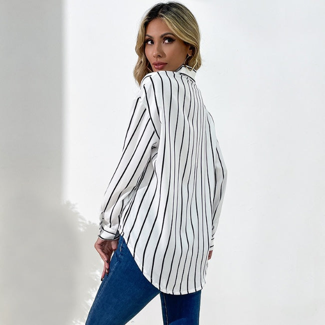 Business Wear Women's Loose Lapels White Striped Shirt