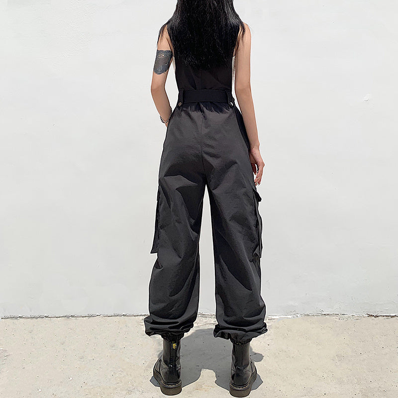 Loose Footband Casual Black Overalls