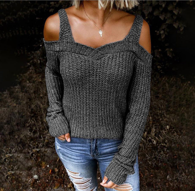 Women's Sling Off Shoulder Knit Solid Color Casual Long Sleeve Sweater