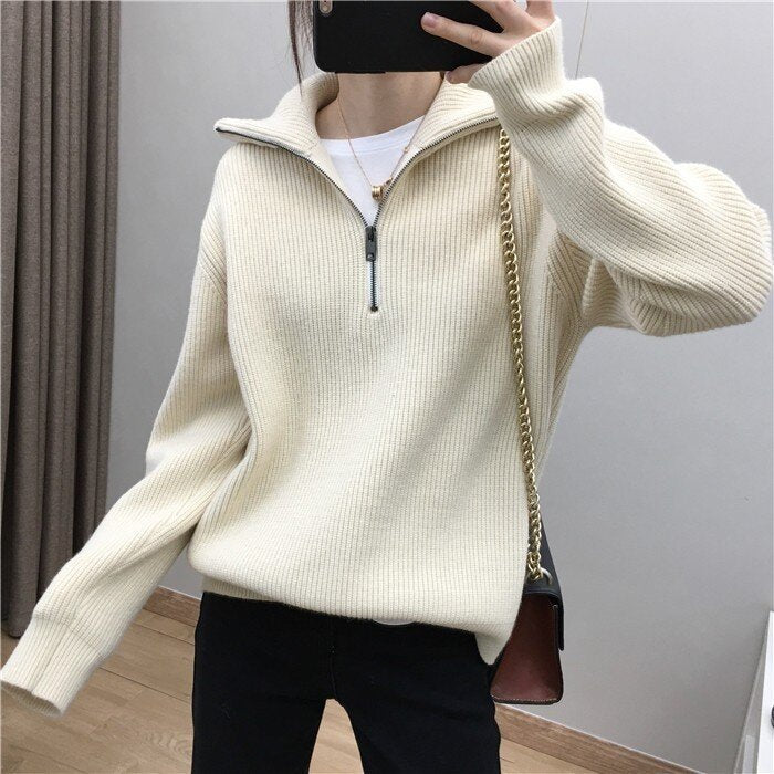 Elegant Large Lapel Zipper Pullover Sweater For Women