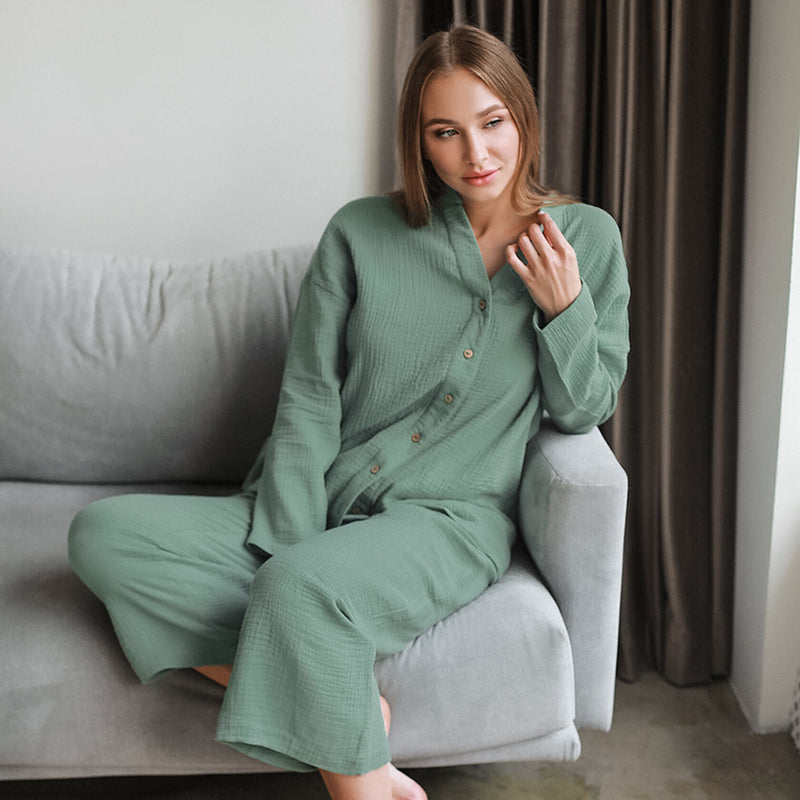 Crepe Cotton Pajamas Loose Breathable Confinement Clothing Long Sleeve Trousers Suit