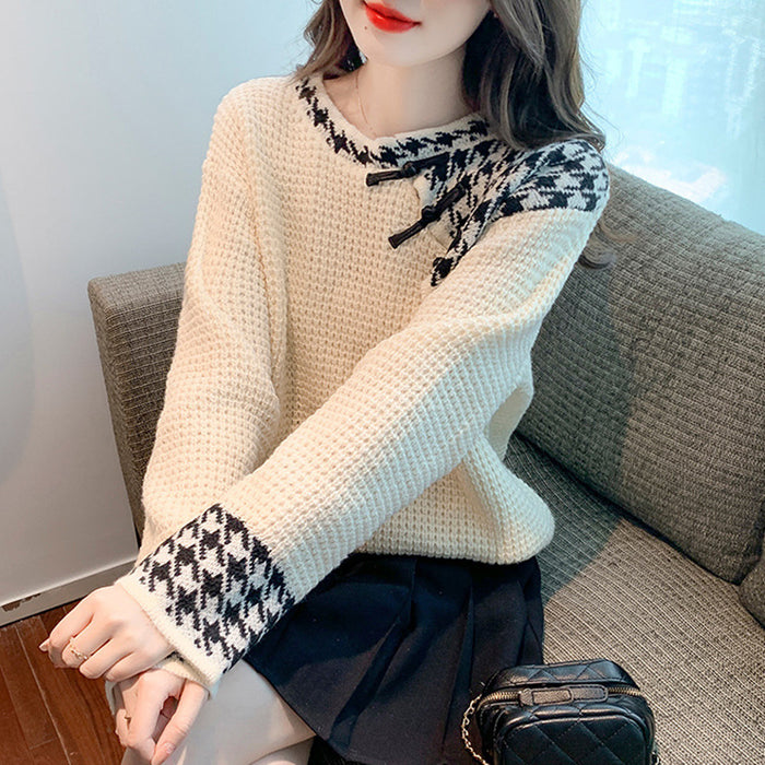 Design Sense Niche Houndstooth Contrast Color Stitching Women's Sweater