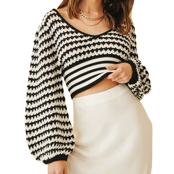 Thin Loose Lantern Sleeves Black And White Striped V-neck Short Soft Trendy Sweater