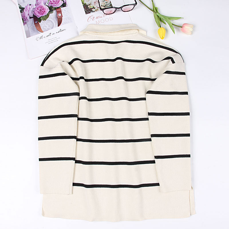 V Pullover Stripe Color Matching Long Women's Top