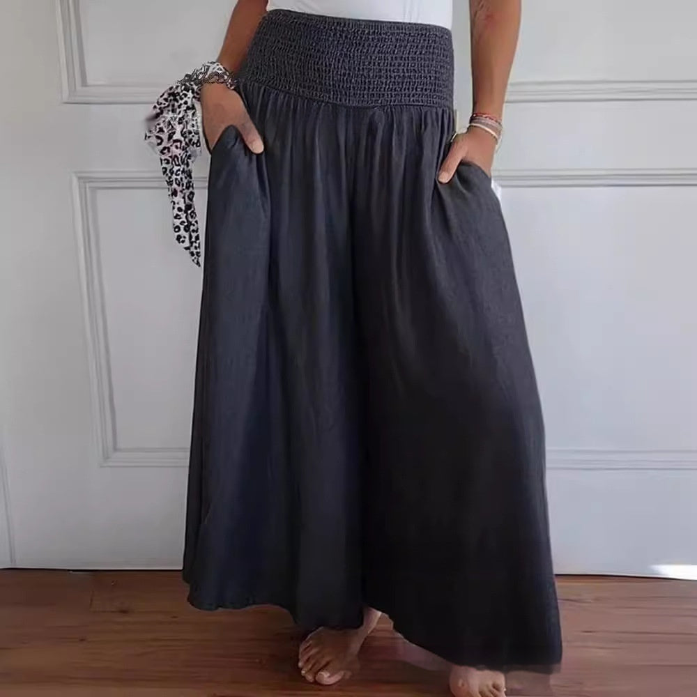 Casual High Waist Smocking Wide Leg With Pockets Denim Women's Pants