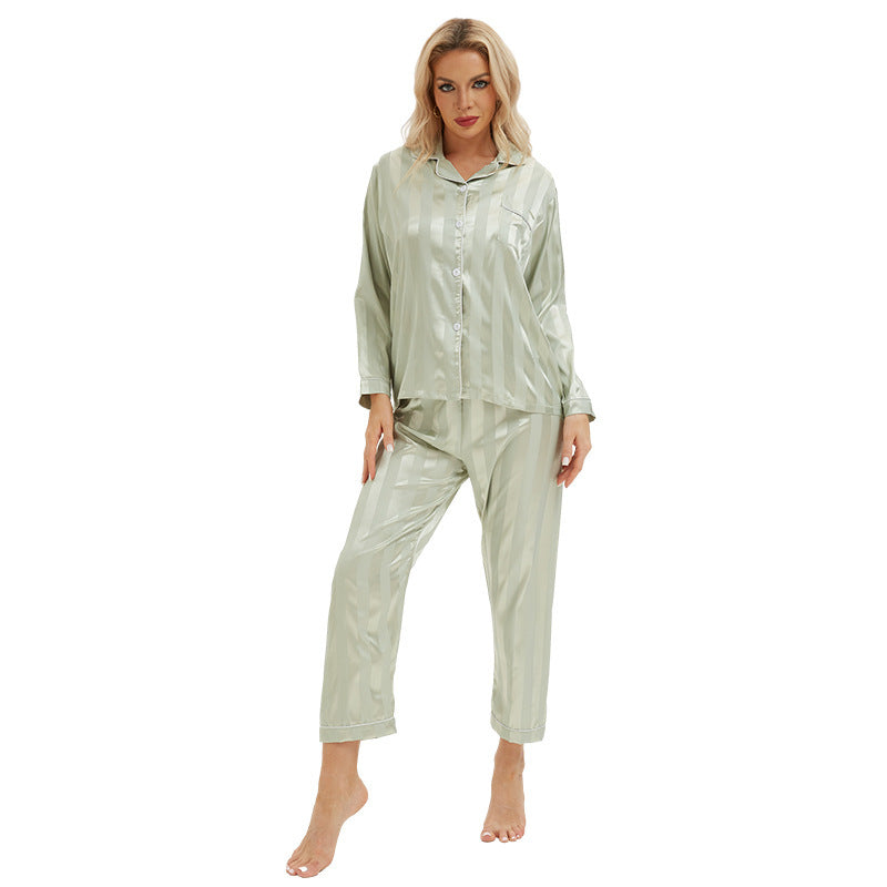 Artificial Silk Bold Stripes Long-sleeved Home Wear European And American Style Pajamas Plus Size